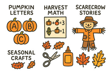 Autumn Classroom Doodles. Autumn classroom themes doodle set: hand drawn icons for pumpkin letters, harvest math, scarecrow