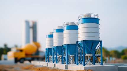 Concrete and cement storage silos with automated batching systems and quality testing equipment construction material management and delivery coordination supporting