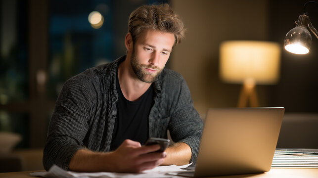 A man multitasks with a phone and laptop, the busy scene illuminated by soft light. Man, laptop, with copy space