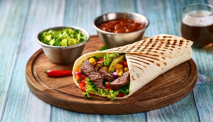 grilled beef burrito with vegetables filling high resolution picture