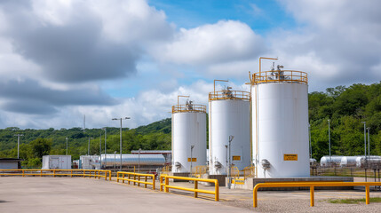 Fertilizer storage facility with bulk agricultural chemicals and specialized handling equipment environmental protection systems and safety protocols ensuring responsible