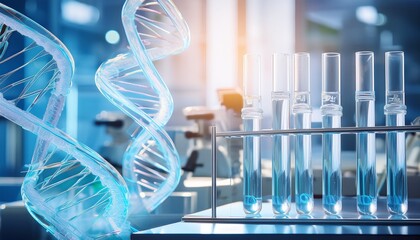 a modern biotechnology lab with transparent biotech research tools and glowing dna sequences