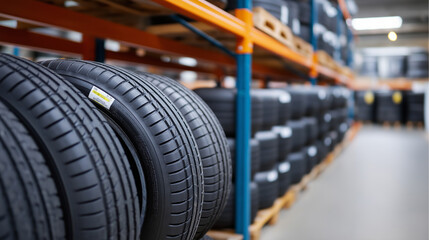Fototapeta premium Tire storage facility with rubber products organized by size and vehicle application fire suppression systems and inventory management supporting automotive aftermarket