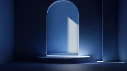 A minimalist architectural interior features an arched opening with bright sunlight