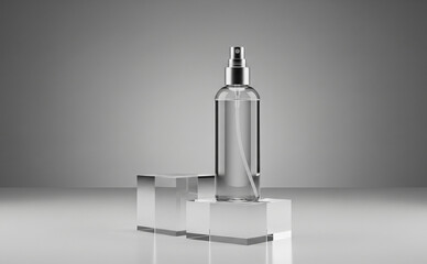 Cosmetic Spray Bottle On Clear Acrylic Riser With Soft Reflections