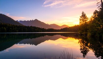 Fototapeta premium A serene lake at sunrise, reflecting a vibrant mountain range in a calm and peaceful setting.