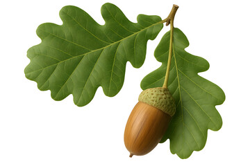 Realistic acorn with two green oak leaves isolated on transparent background for botanical use