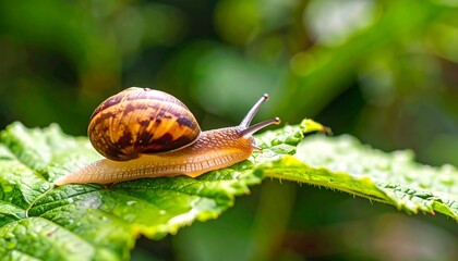 Close-up of a snail on a vibrant green leaf