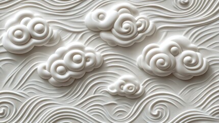 Embossed white clouds float atop wavy lines, creating a textured, serene pattern