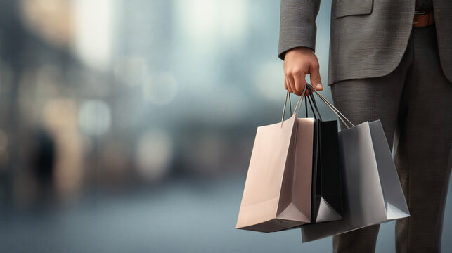 Man holding luxury paper shopping bags, close-up, mockup for branded bags, copy space