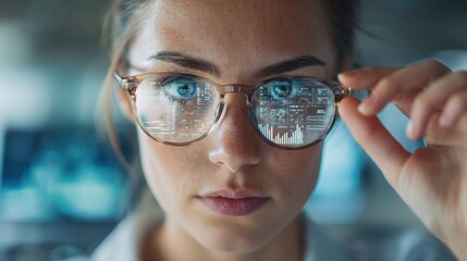 A skilled professional studies digital data displayed in smart glasses, reflecting graphs and statistics, showcasing a blend of technology and analysis in a bright office.