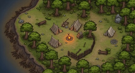 Fototapeta premium Forest Village - A Peaceful Settlement in the Woods.