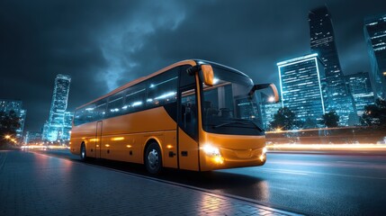 A vibrant orange bus moves along a city street at night, with tall, illuminated buildings surrounding it. The urban landscape gleams with bright lights, creating a lively atmosphere.