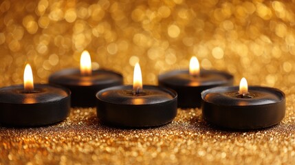 Five black candles are lit and placed on a shiny gold surface. The soft flickering flames cast a warm glow, enhancing the elegant and tranquil ambiance of the setting.
