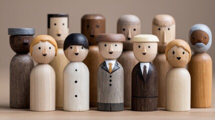 A variety of wooden figurines dressed in different outfits symbolize various professions and backgrounds. The figures stand together on a smooth wooden surface, showcasing diversity and creativity.