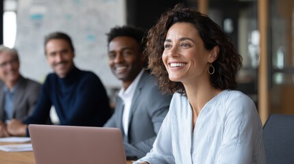 A group of professionals is gathered around a table in a contemporary office. One woman with curly hair smiles while using a laptop, showcasing a positive atmosphere of collaboration.