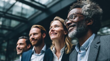 Four professionals stand close together in a contemporary office, smiling and looking upward. The setting features large windows and a bright atmosphere, hinting at a positive work environment.