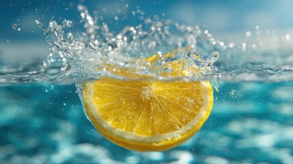 A fresh lemon slice drops into crystal clear water, causing a dynamic splash. Sunlight glimmers on the surface while ripples expand outward, adding vibrancy to the scene.