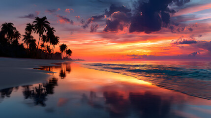 A tropical coastline with alm waters, palm trees, an a beautiful sunset castin vibrant colors across thesky.