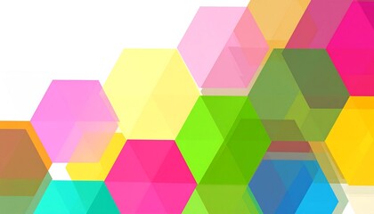Abstract background design features overlapping translucent hexagons in vibrant, bright colors.