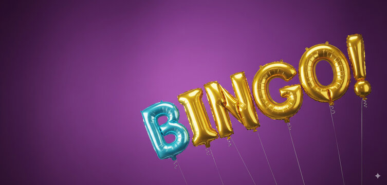 Metallic balloon letters spelling BINGO on purple background, festive and playful party decoration - Powered by Adobe