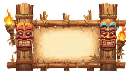 Two vividly painted tribal masks guard a wooden frame adorned with torches. The setting evokes a festive atmosphere, perfect for cultural events or celebrations in a tropical locale.