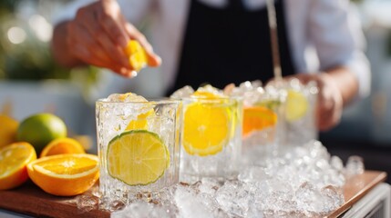 A bartender is crafting colorful citrus cocktails on a sunny afternoon. Fresh lemons, limes, and oranges surround the drinks, enhancing their vibrant look and refreshing taste.