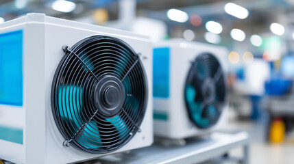 Massive HVAC cooling systems with spinning fan assemblies and refrigeration compressors showing energy efficient climate control equipment in modern data center facility with