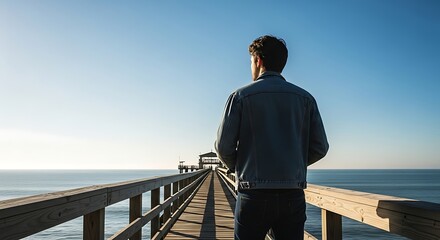 Man Standing on a Pier Looking Out at the Ocean.