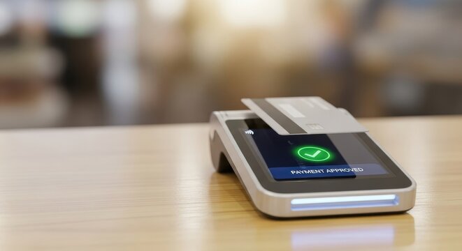 Credit card placed on payment terminal showing payment approved on screen. Contactless secure transaction. Modern banking technology.