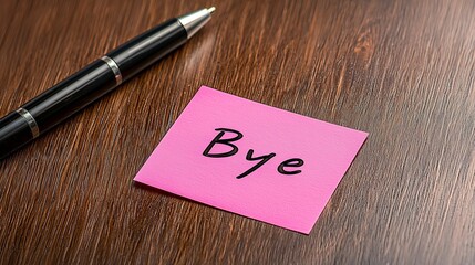 A close-up of a pink sticky note with 'Bye' written in bold on a wooden table alongside a black pen.
