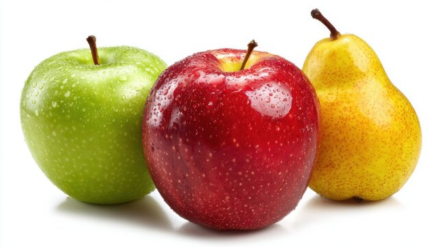 A green apple, a red apple, and a yellow pear sit closely together, showcasing their glistening skins and fresh appearance. The bright colors draw attention to this healthy fruit arrangement.