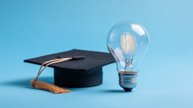 A graduation cap sits beside a glowing light bulb, representing innovation and the journey of learning. The serene blue background enhances the focus on these symbols of achievement.
