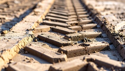 Close-up of a tractor tire track in the earth.  The tread pattern is clearly visible
