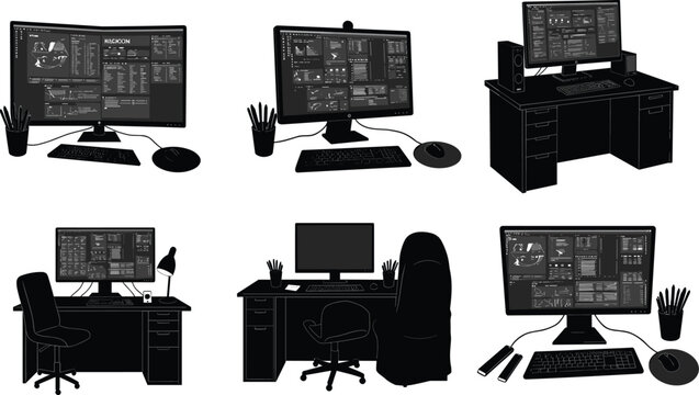 Computer workstations, office desks, technology setup, software interface, business workspace, creative desk, professional equipment, workplace organization, digital tools, vector illustration