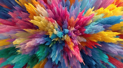 Bright and bold hues of pink, blue, yellow, and green converge to form a striking abstract design, showcasing energy and vibrancy. This digital creation captivates with its depth and movement.