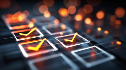 Glowing checkboxes are displayed against a dark background, representing task completion. The vivid orange ticks convey a sense of organization and achievement in a digital environment.