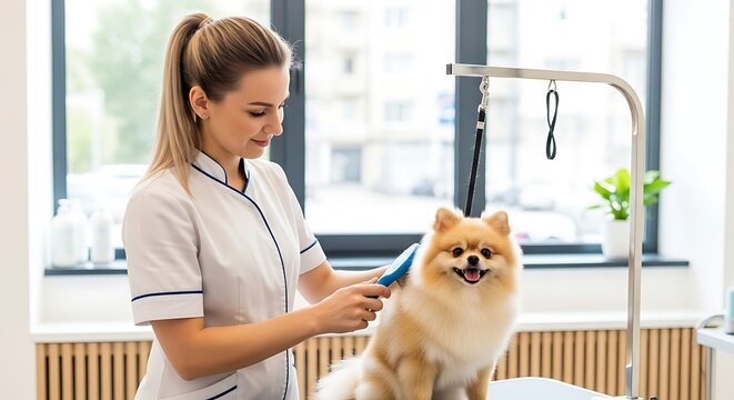 Pomeranian Dog Grooming Session in Modern Salon. - Powered by Adobe