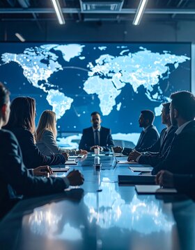 Business meeting in a modern conference room.  Global map on screen