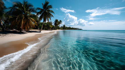 Fototapeta premium A tropical paradise with cear waters, palm trees, an bright blue skies above te golden sandy beach.