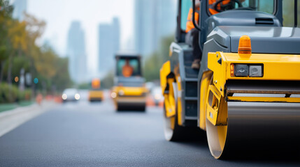 Highway construction crew laying asphalt with heavy machinery and steamrollers traffic control systems and safety equipment managing active roadway construction against urban