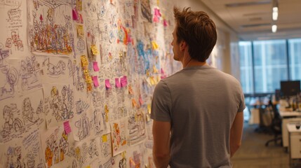A person is reviewing colorful sketches and sticky notes pinned to a wall in a modern office, engaging in a collaborative brainstorming session with creative ideas.