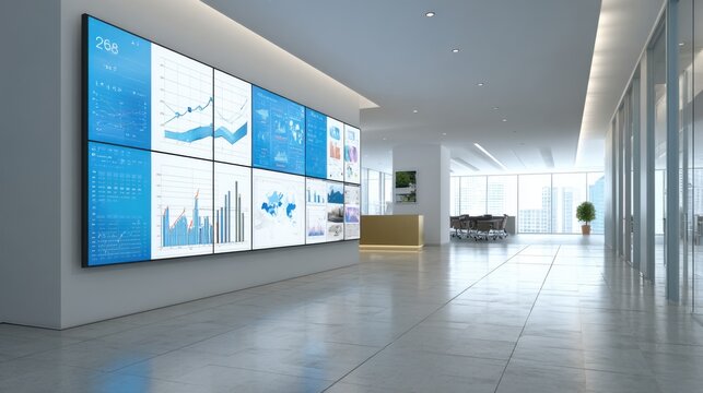 Bright office interior showcases a large digital screen wall presenting various analytics and data trends. The space is designed for productivity and collaboration.