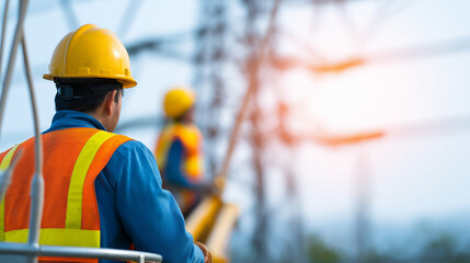 Power line installation crew with bucket trucks and safety equipment working on high voltage transmission towers electrical infrastructure development against industrial energy