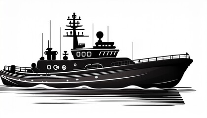 Obraz premium silhouette of patrol boat on white background perfect for marine themes patrol boat is black on clean white backdrop simple and modern isolated patrol boat for nautical designs layouts
