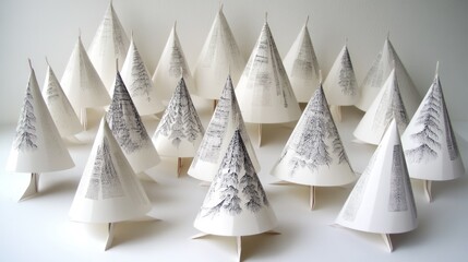 Handmade paper forest of cone-shaped trees with printed forest scenes