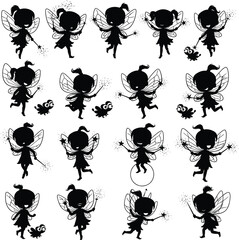 Cute Fairy Cartoon Characters with Wings and Magic Wands in Various Poses with Sparkles and Little Animal Companions