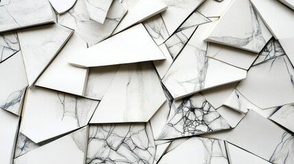 Close-up of shattered white porcelain tiles with grey veining, arranged chaotically