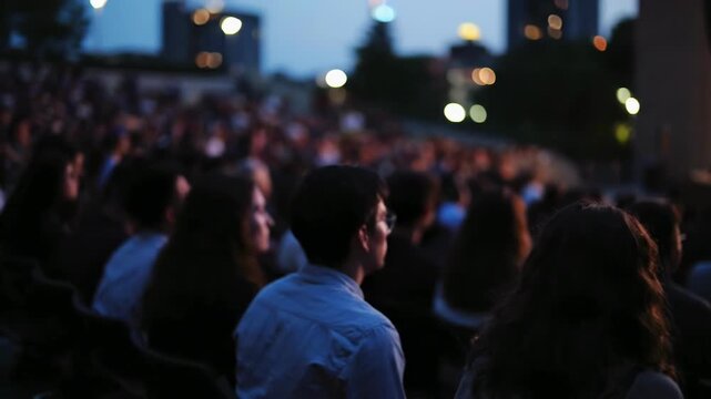 Evening outdoor concert with engaged audience at dusk in urban park setting