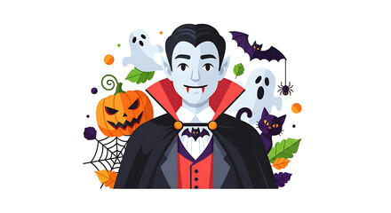 A halloween illustration featuring a vampire, ghosts, pumpkin, bat, spider, and black cat on white
